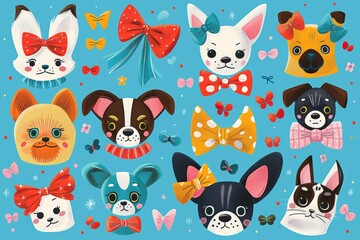 International Bow Day - cute animals wearing bows,  with bow flat illustration