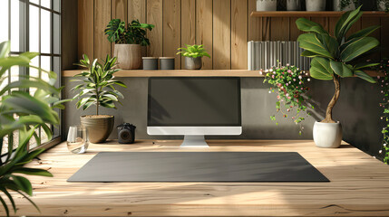 Modern workspace with computer setup, modern workspace featuring a computer, keyboard, and plants.Generative AI
