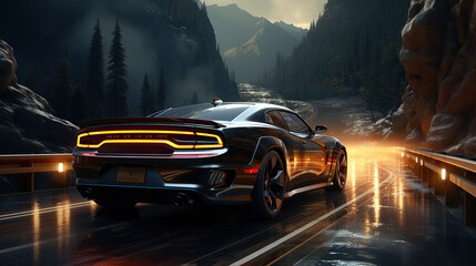 Sport car in the highway with beautiful nature landscape view