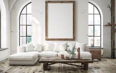 Grunge old accent coffee table near white sofa against