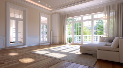 Fototapeta premium Spacious living room with sunlight streaming through windows
