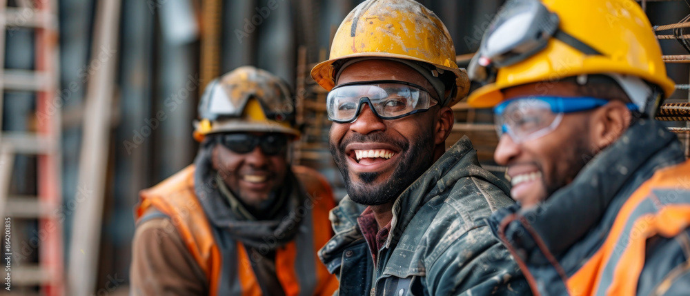 Poster smiling workers collaborating on site towards common goal