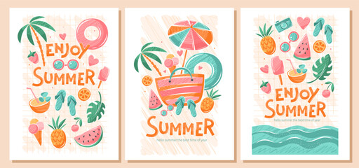 Summer, holidays and travel background. Set of summer vector illustrations for poster, banner, cover, card.
