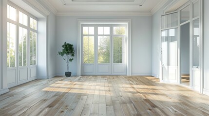 Fototapeta premium Spacious living room with natural light and hardwood flooring