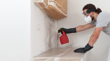 Man worker spraying product on wall to remove mold, wearing protective gloves and a respirator...