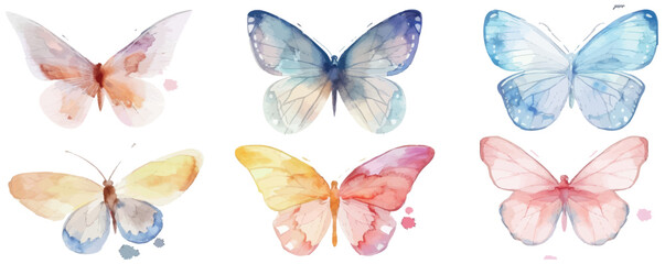 Watercolor and pen butterflies isolated on white background.