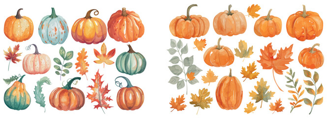 An autumn set of watercolor leaves and pumpkins.