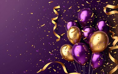 Holiday background with golden and purple metallic balloon