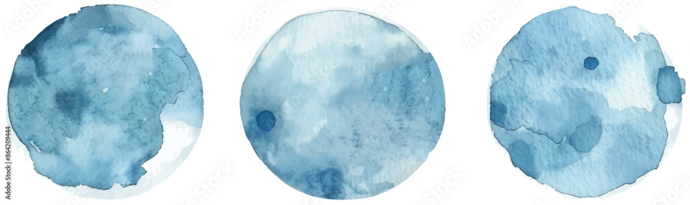 Poster a set of sky blue watercolor circles with gradient stains. round backgrounds with uneven edges. temp