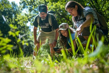 International Geocaching Day, people searching for hidden caches in urban parks, forest trails, landscapes, capturing the excitement and adventure of this global treasure hunting activity