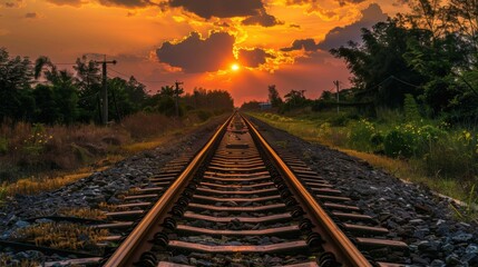 Fototapeta premium Scenic railway tracks at sunset with golden sky