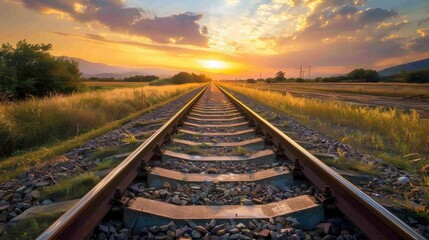 Obraz premium Railway tracks leading towards a sunset over rolling hills