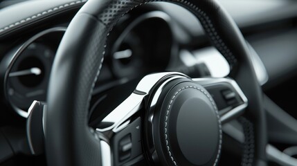 Sleek black leather steering wheel with silver accents in a modern car