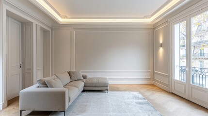 Modern sectional sofa in a spacious parisian living room with large windows