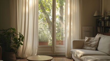 Sunlit living room with white curtains and a view of trees