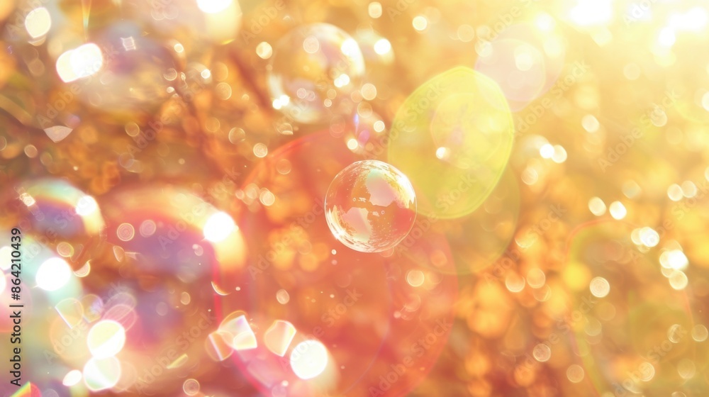 Poster a lone soap bubble drifting in a sunlit environment with sparkling light reflections and a golden bo