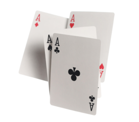 Flying playing card for poker and gambling, four aces isolated on white, clipping path