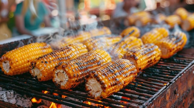 Golden ears of corn being grilled on a barbecue, showcasing the char marks and steam, perfect for a summer BBQ feast.