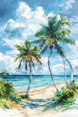 Fototapeta premium Vibrant watercolor palm trees on a beach with ocean backdrop, perfect for summer designs.