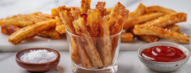 Crispy Sweet Potato Fries in Glass Tumblers With Ketchup