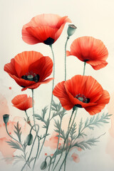 Obraz premium Stunning red poppy flowers on a pastel watercolor background, capturing nature's beauty in delicate artistry.