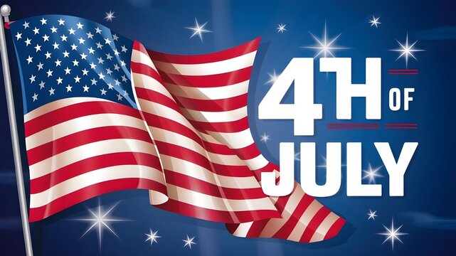 Independence Day on July 4th, with the US flag flying. On Independence Day, the American flag and writing on a blue background with stars.