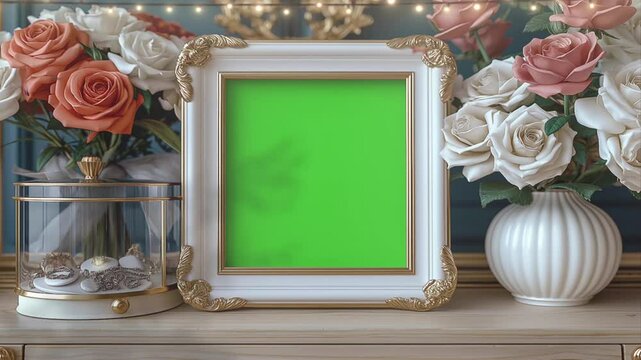 Arrangement of wedding photo frame mockup wedding ornament elements, green screen and leaf shadow animation video background