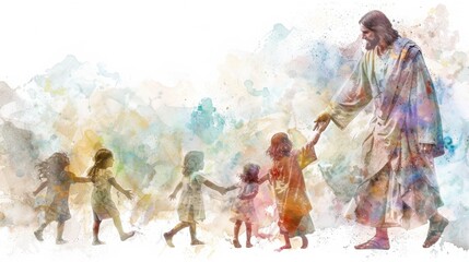 Jesus Blessing Children in Serene Watercolor Artwork
