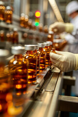 Obraz premium Efficient manufacturing process at a pharmaceutical factory with medical vials on production line.