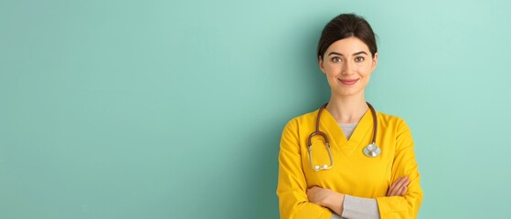 Confident Healthcare Professional, Female doctor in yellow uniform with stethoscope against a teal background, Medical Expertise.
