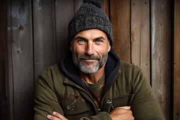 Obraz premium Portrait of a satisfied man in his 50s sporting a trendy beanie isolated in rustic wooden wall