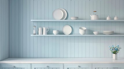 A blue kitchen with a white shelf and a white wall
