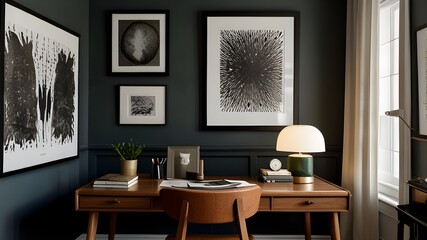 office corner in home with wall arts