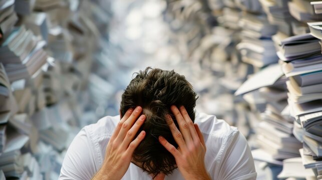 Overwhelmed Homebuyer Surrounded by Mortgage Documents and Calculator
