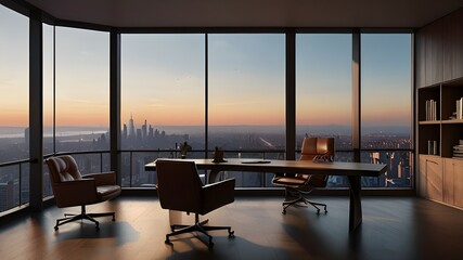Fototapeta premium office cabin with a beautiful sunset view from window