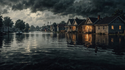 Fototapeta premium Flooded neighborhood with houses submerged under water during storm surge
