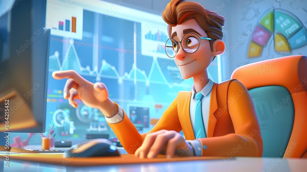 Poster businessman analyzing digital financial data and statistics on computer screen in office