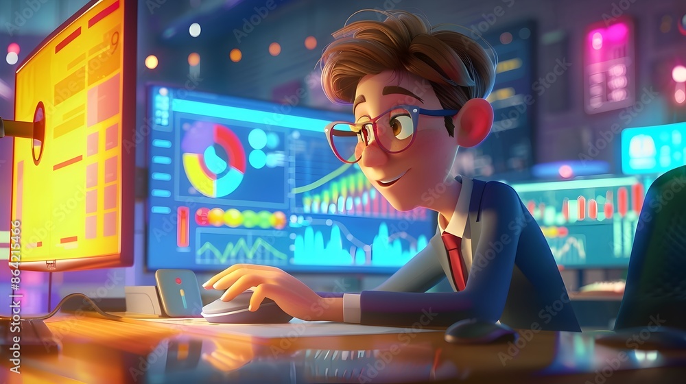 Poster focused businessman analyzing data on computer in futuristic neon-lit office