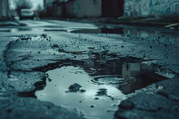Scene of a street post-rain, depicting damaged asphalt with potholes filled with puddles