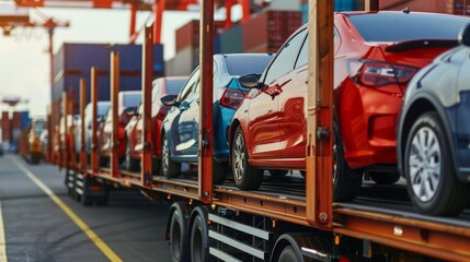 Newly Manufactured Cars on Transport Trailer Ready for Shipping at Cargo Port