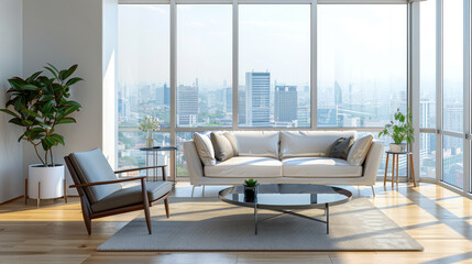 Fototapeta premium Modern city apartment with minimalist furniture large windows and urban view capturing contemporary lifestyle