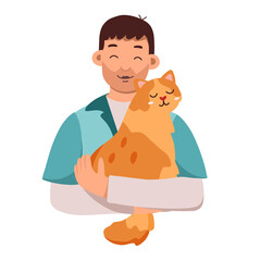 Man holding cat flat illustration. Cartoon isolated adorable sweet scene with two friends hug and cuddle, pet owner character carrying happy animal in arms, guy playing with pretty funny kitty