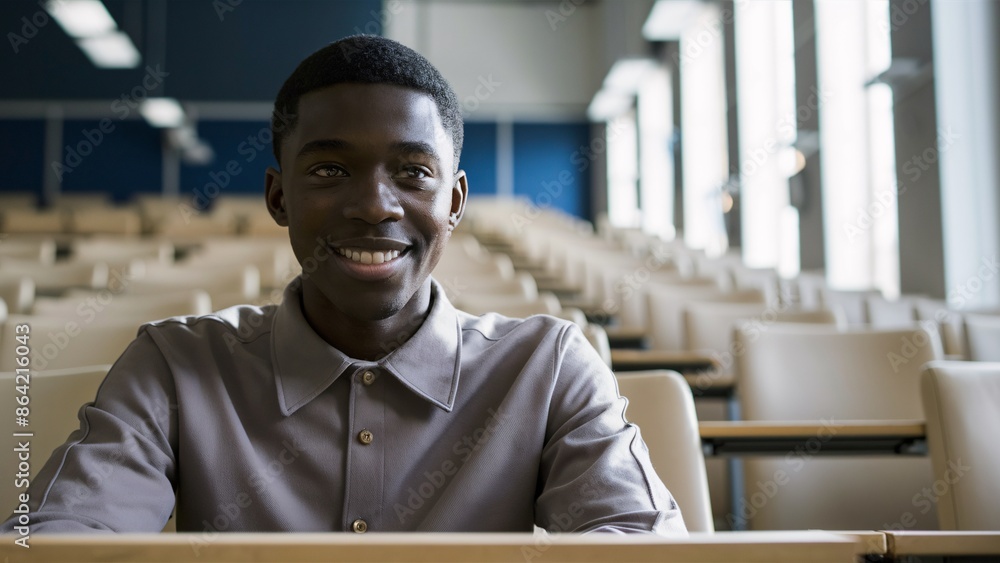 Poster a young man is sitting in an empty lecture hall. he is smiling.