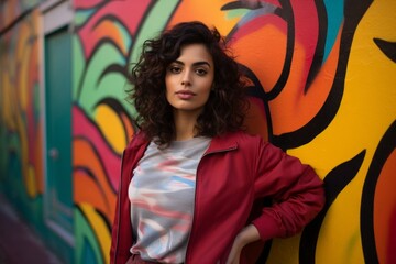 Portrait of a satisfied indian woman in her 20s wearing a breathable golf polo on colorful graffiti wall