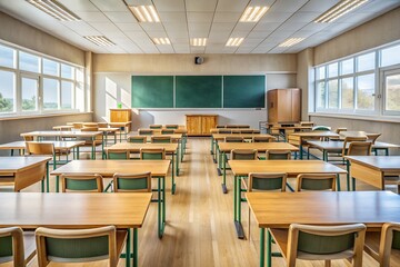Empty Classroom with Wooden Desks and Blackboard. Perfect for: School