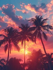 Silhouettes of palm trees against a sunset with hues of pastel colors.