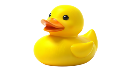 A bright yellow rubber duck bath toy isolated on a white background