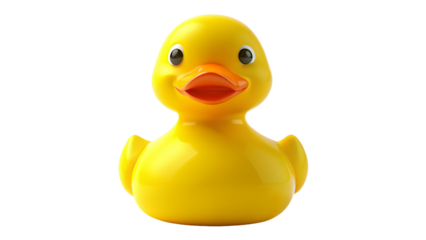 A bright yellow rubber duck bath toy isolated on a white background