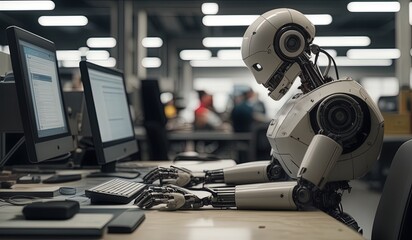robots work in front of a laptop or computer. robots replace regular employees. Robot intelligence replaces human work. worker robots of the future. robot on the stage
