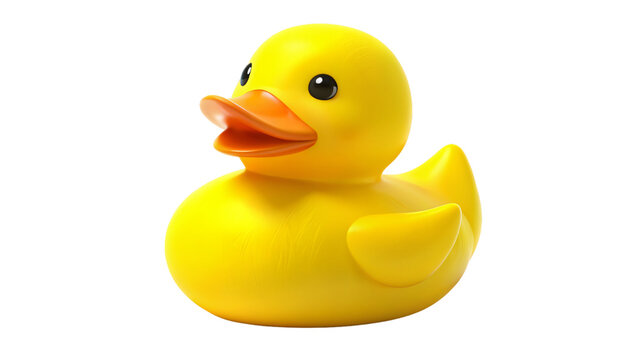 A bright yellow rubber duck bath toy isolated on a white background